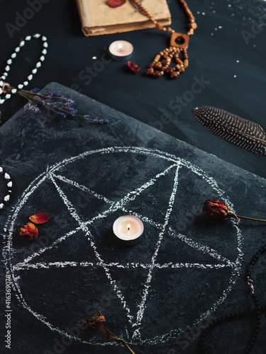 the ritual of black magic, the concept of occultism, a drawn pentagram on a blackboard, an old spellbook photo