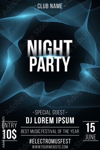 Night party poster. Stylish futuristic flyer with wavy shapes for graphic design. Abstract frame. Glowing vibrant waves. Club and DJ name. Vector illustration.