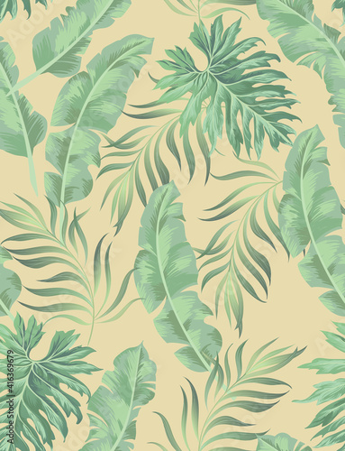 Tropical seamless vector pattern with palm leaves. Jungle summer illustration.