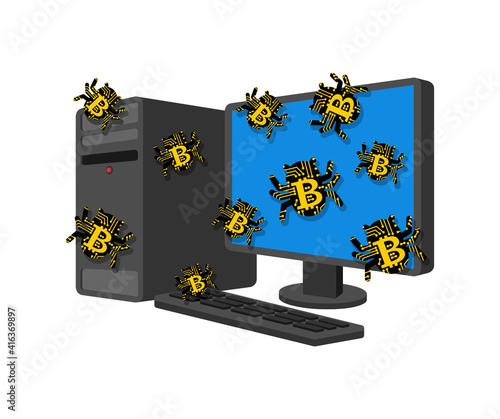 Bitcoin virus bug infected computer. Digital currency computer virus.