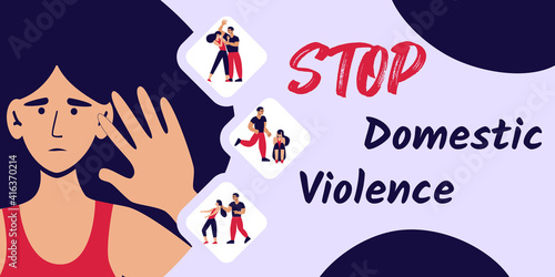 Stop domestic violence banner. Social issues, abuse and agression on women, harassment and bullying. Violence against woman. Flat illustration, isolated on a white background.