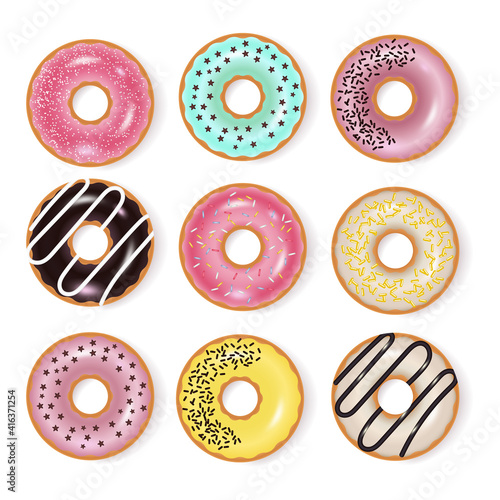 Glazed colored donuts set 3D. Vector illustration