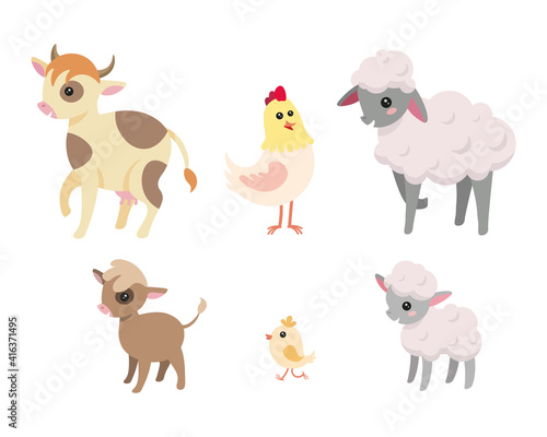 Cute children's illustrations with animals that live on the farm - a cow, a lamb, sheeps, a hen and a chicken in cartoon style, children's art book. Isolated on white background vector image. 