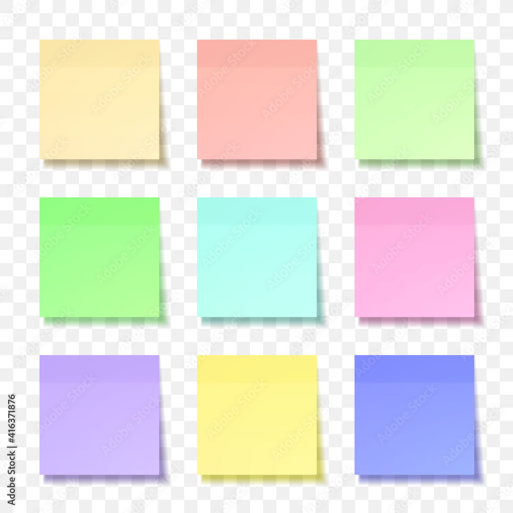 Colored sheet of note papers with shadow, ready for your message. Realistic. Isolated on transparent background. Vector illustration Colored sheet of note papers with shadow, ready for your message. Realistic. Isolated on transparent background. Vector illustration