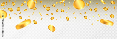 Realistic gold coins explosion isolated on transparent background. Vector illustration