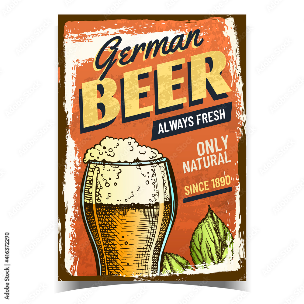 Plakat Beer German Alcohol Drink Advertise Banner Vector. Fresh Foamy Beer Glass Cup And Natural Hop Plant On Promotional Poster. Organic Beverage Template Hand Drawn Concept Illustration