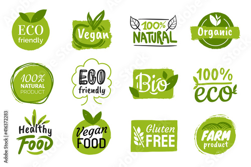 Set of eco friendly green badges design. Collection of vegan ,bio, organic food, gluten free, and natural products labels. Eco stickers for labeling package, food, cosmetics. Hand drawn style.