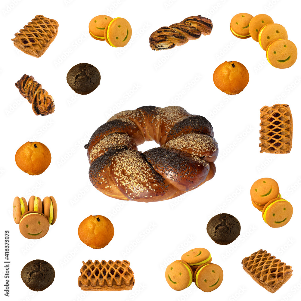 Collage of confectionery, baked goods, buns on a white background in isolation Collage of confectionery, baked goods, buns on a white background in isolation