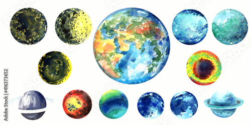 Space planets clip art. Earth, moon, saturn, mars, pluto, stern, venus. Isolated elements. Stock illustration. Hand painted in watercolor.