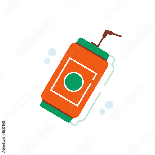 Soda drink in tin can with straw on top flat vector design