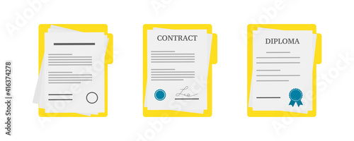 Paper documents icons. Contract or document signing icon.Set of illustration with diploma, contract documents . Document concept in flat .style . Vector .