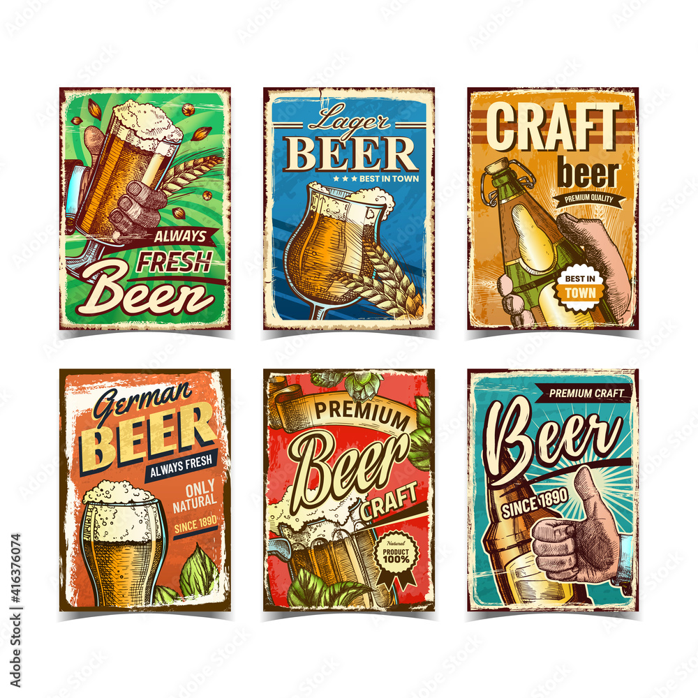 Plakat Beer Alcoholic Drink Advertise Posters Set Vector. Hand Holding Beer Cup And Glass Bottle, Lager And Craft Beverage Review, Hop And Wheat On Promotion Banners. Layout Hand Drawn Concept Illustrations