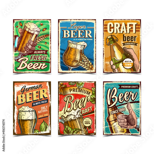 Beer Alcoholic Drink Advertise Posters Set Vector. Hand Holding Beer Cup And Glass Bottle, Lager And Craft Beverage Review, Hop And Wheat On Promotion Banners. Layout Hand Drawn Concept Illustrations