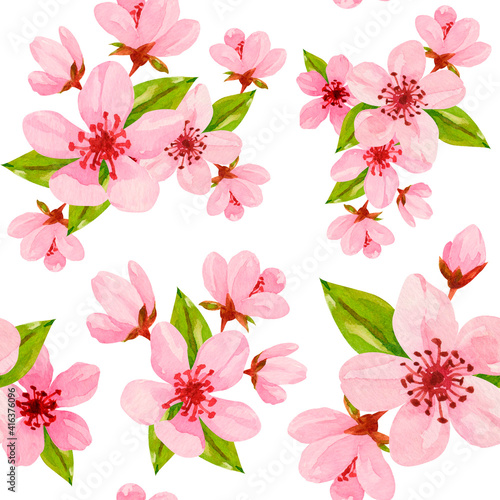 Watercolor Cherry blossom flowers. hand painted japanese sakura floral pattern. spring pink flowers