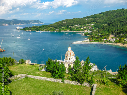 Porto Venere, La Spezia, Italy - June 3, 2010: Panoramic view of Gulf of Poets in Porto Venere village, Cinque Terre Unesco Heritage, La Spezia province, Italy.