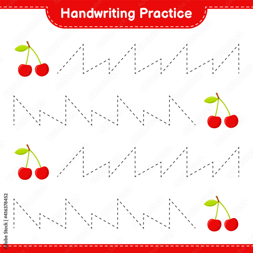 Handwriting practice. Tracing lines of Cherry. Educational children game, printable  worksheet, vector illustration Stock Vector | Adobe Stock