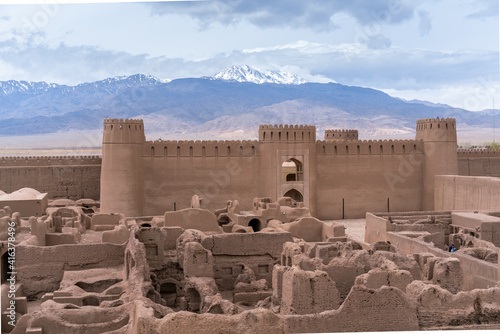 Panorama of narrow streets and walls of ancient persian city built from mud bricks. Rayen Citadel, Mahan, Iran. photo