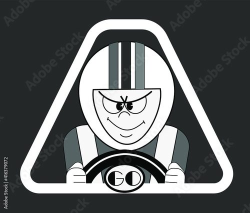 An ambitious car race driver wearing a helmet, concentrated driver on steering wheel, funny racer