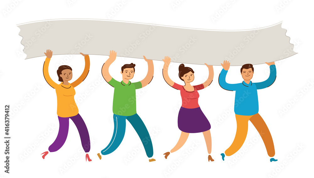 People walk and raise blank poster. Teamwork, solidarity concept vector illustration