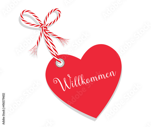 Herz mit rot-weiße Kordel Schleife und mit „Willkommen“ beschriftet,
Willkommens-Gruß mit Herz,
Vektor Illustration isoliert auf weißem Hintergrund
