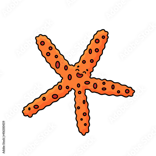 Vector outline cartoon colorful sea star or Starfish with eyes  smile. Doodle Marine invertebrate from sea or ocean brightly colored in orange. Isolated on white background