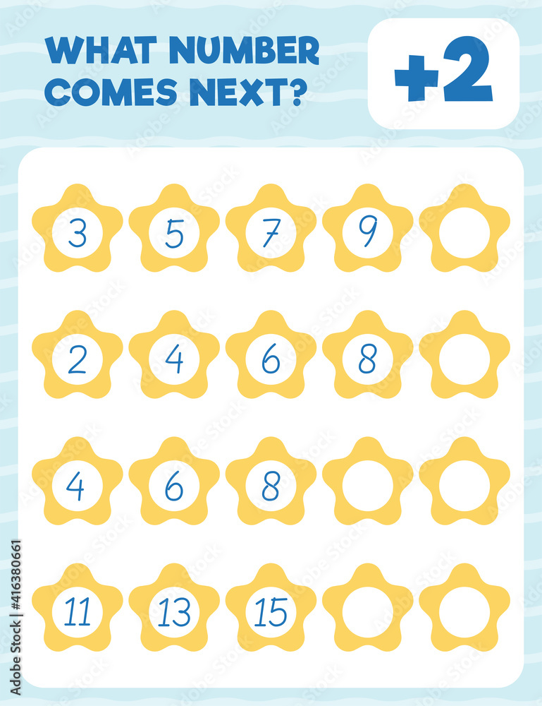 Math worksheet practice print page. What number comes next? Count and write.