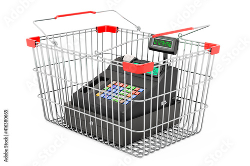 Shopping basket with cash register, 3D rendering