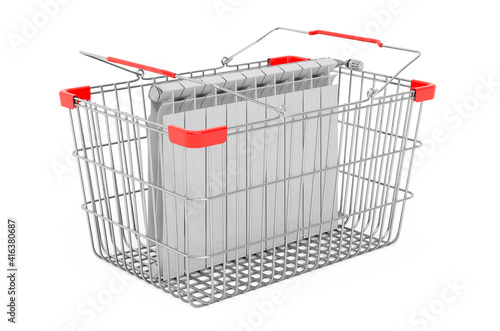 Shopping basket with heating radiator, 3D rendering