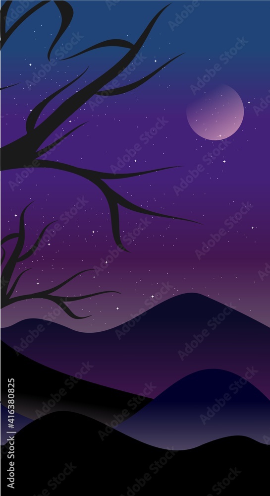 Mountain landscape illustration in flat style with design hill and smoke in night view. Aesthetic  nature background. Banner template for mobile phone screen saver theme, lock screen and wallpaper. 