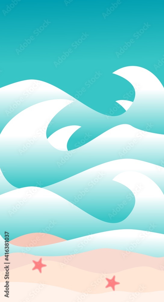 Summer landscape illustration in flat style with design beach, wave, starfish, sand. Aesthetic holiday background. Banner template for mobile phone screen saver theme, lock screen and wallpaper. 