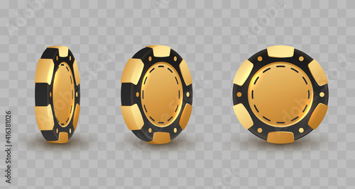 Set of 3d gold and black poker chips, token with shadow on transparent background. Vector illustration for card, casino, game design, flyer, poster, decor, banner, web, advertising.
