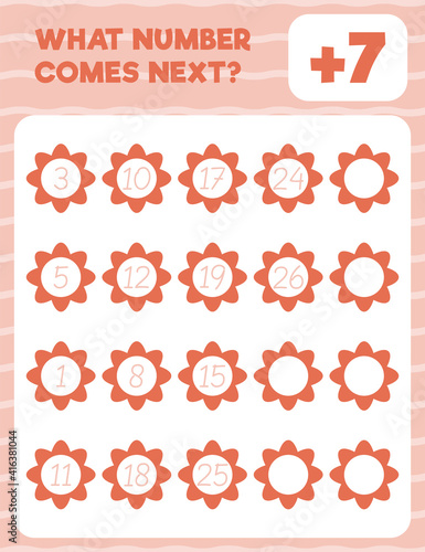 Math worksheet practice print page. What number comes next? Count and write.