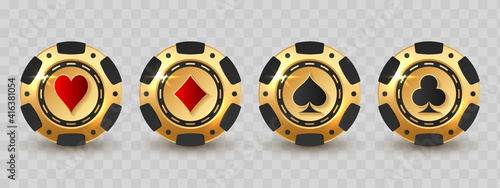Set of gold poker chips, token with red and black suits on transparent. Diamonds, clubs, hearts, spades. Vector illustration for casino, game design, flyer, poster, banner, web, advertising.