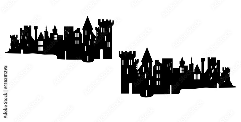 Old ruined knight's castle. Silhouette vector illustration. Isolated on white background. destructible tower
