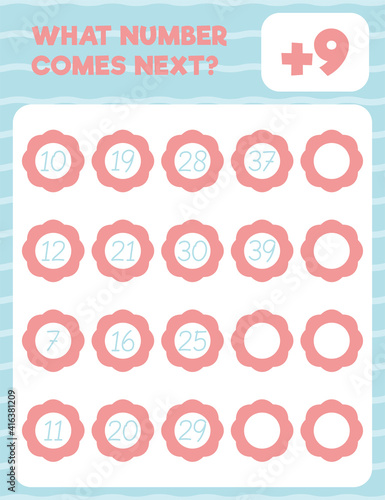 Math worksheet practice print page. What number comes next? Count and write.