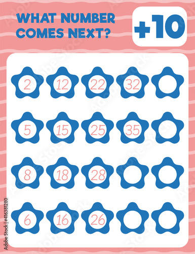 Math worksheet practice print page. What number comes next? Count and write.