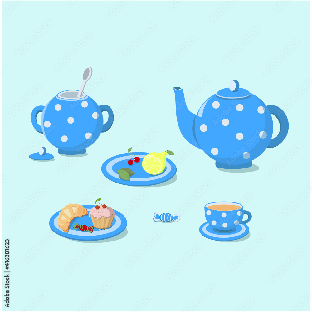 set of dishes with a cake and with a cup of tea. tea ceremony Vector illustration, still life for the design of the cafe menu, kitchen textiles, poster, stickers. Background Isolated.