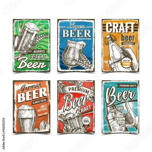 Beer Alcoholic Drink Advertise Posters Set Vector. Hand Holding Beer Cup And Glass Bottle, Lager And Craft Beverage Review, Hop And Wheat On Promotion Banners. Illustrations