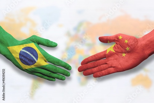 Brazil and China - Flag handshake symbolizing partnership and cooperation