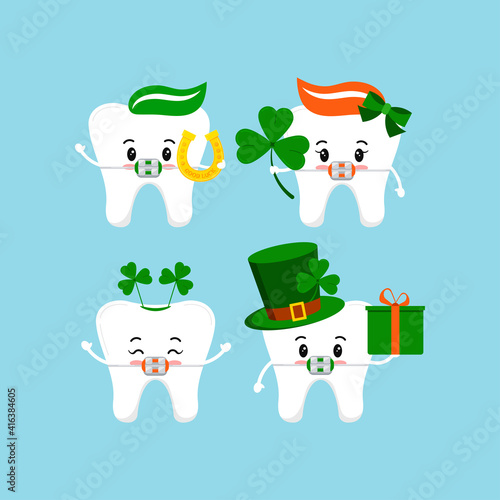 St Patrick day tooth dental braces icon set isolated. Orthodontic dentistry teeth character with irish lucky charm - shamrock, horseshoe, leprechaun hat. Flat design cartoon vector kids illustration.
