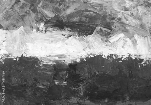 Grunge black and white textured background, hand painted. Abstract palette knife artwork. Rough monochrome minimalist backdrop. Brush strokes on paper.