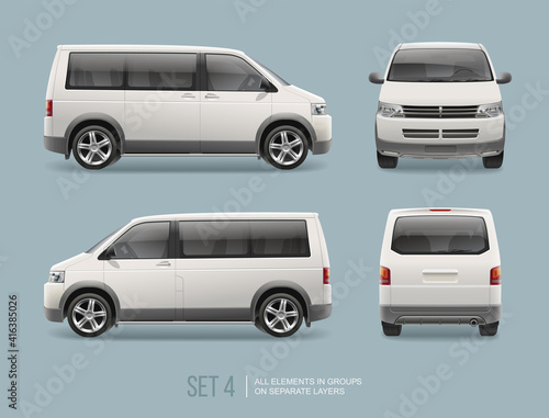 Passenger Van Bus vector template for empty Mockup design and branding on transport. Vector van blank mockup.  Realistic Passenger Car Isolated on grey background 