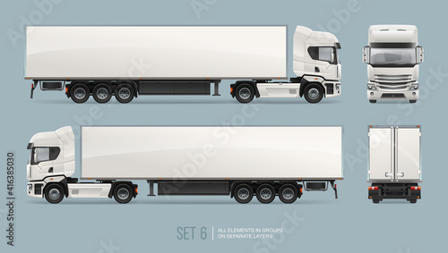 White cargo Truck Trailer vector template for mockup design isolated on grey background. Realistic Car Euro trucks delivering vehicle layout for corporate brand identity design. Realistic illustration