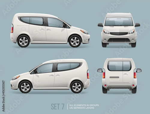 Realistic White Freight Car blank template for Brand Mockup and Corporate identity.  Easy to edit layout Cargo delivering vehicle Isolated on grey background. Front and back view white car