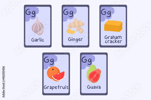 Colorful Phonics flashcard Letter G - garlic, ginger, graham cracker, grapefruit, guava. Food themed ABC cards for teaching reading with foods, vegetables, fruits and nuts. Series of ABC.