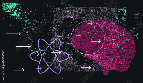 Chalkboard with drawings and schemes of atomic particles and human brain. Concept vector illustration of Quantum mechanics Theory, power anf genius of the mind.