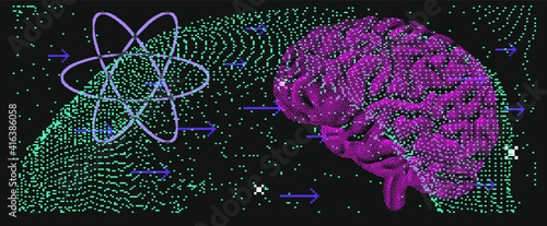 Chalkboard with drawings and schemes of atomic particles and human brain. Concept vector illustration of Quantum mechanics Theory, power anf genius of the mind.
