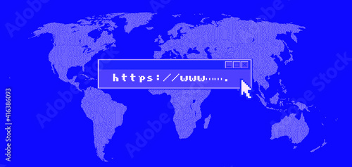 Map of the World in pixel art style. Retrofuturistic cyberpunk user interface  sci-fi hacker UI.