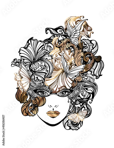 Foto A girl in a carnival mask and with a gorgeous hairdo