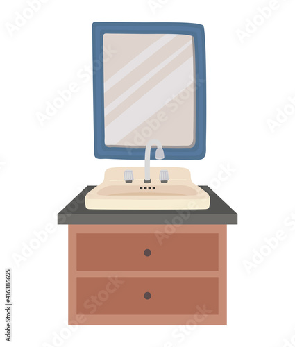 sink, square mirror and shelf on a white background